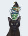 Black Cat with Teacups and Blackbird, Art Print | FabFunky