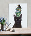 Black Cat with Teacups and Blackbird, Art Print | Print 14x11inch