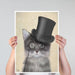 Cat, Grey with Top Hat, Art Print, Canvas Wall Art | Print 18x24inch