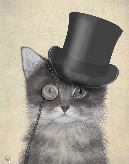 Cat, Grey with Top Hat, Art Print, Canvas Wall Art | FabFunky