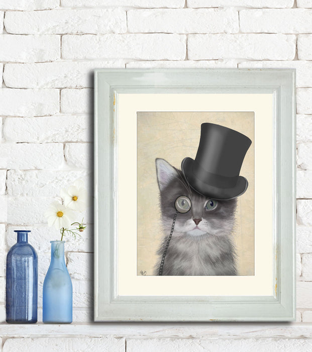 Cat, Grey with Top Hat, Art Print, Canvas Wall Art | Print 14x11inch