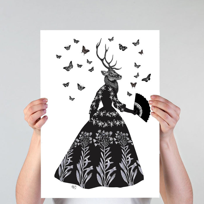 Black Deer, Animal Art Print, Wall Art | Framed White