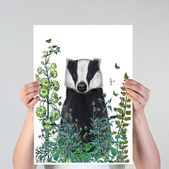 Badger In The Garden, Animal Art Print, Wall Art | Framed White
