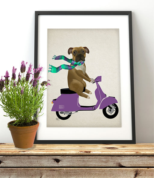 Boxer On Moped, Dog Art Print, Wall art | Print 14x11inch