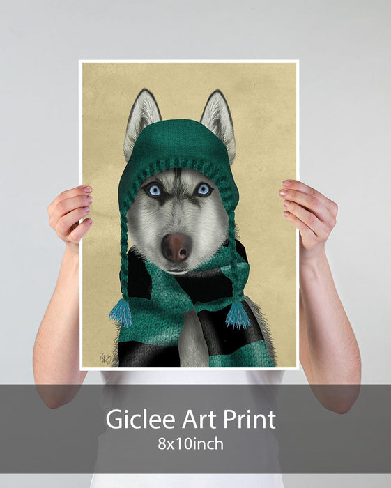 Husky in Hat and Scarf, Dog Art Print, Wall art | Print 18x24inch