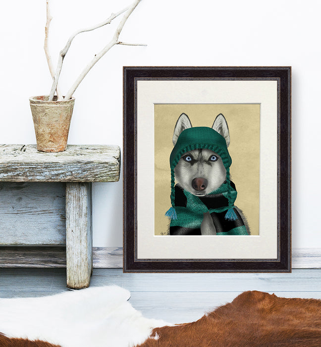 Husky in Hat and Scarf, Dog Art Print, Wall art | Print 14x11inch