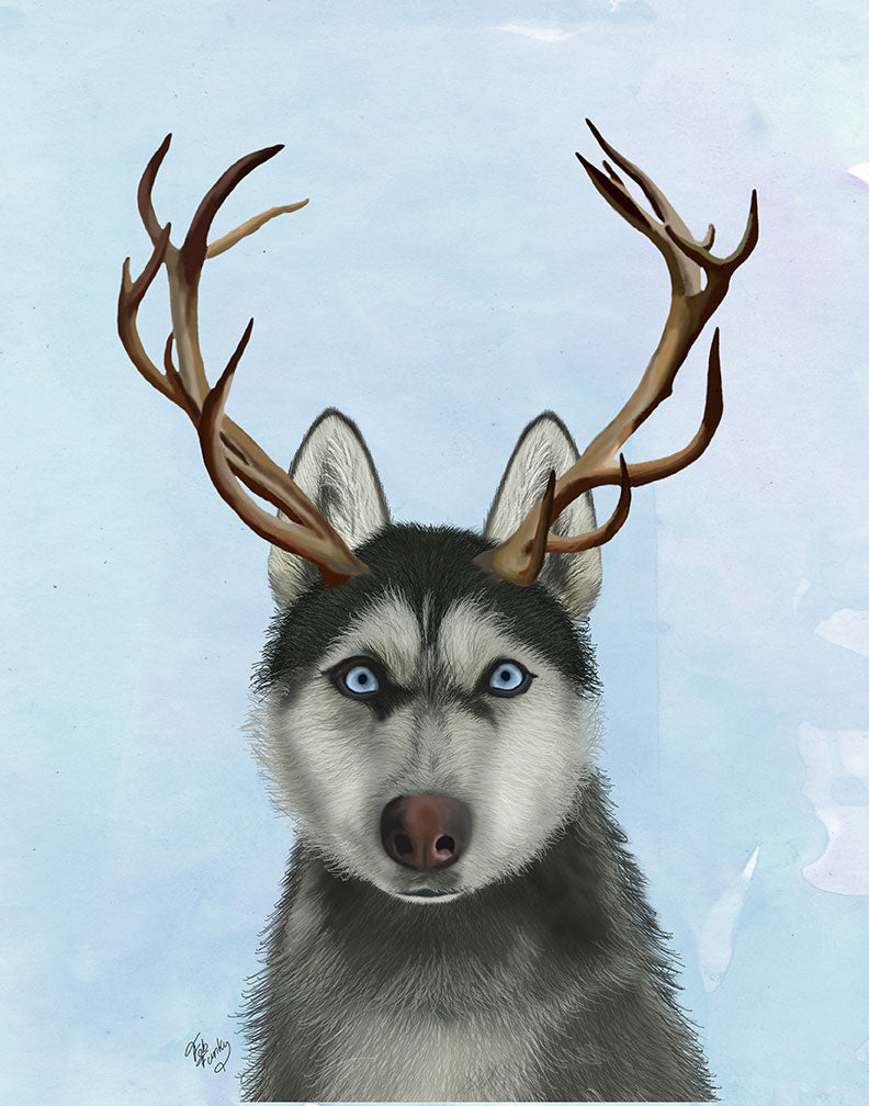 Husky and Antlers, Dog Art Print, Wall art | FabFunky