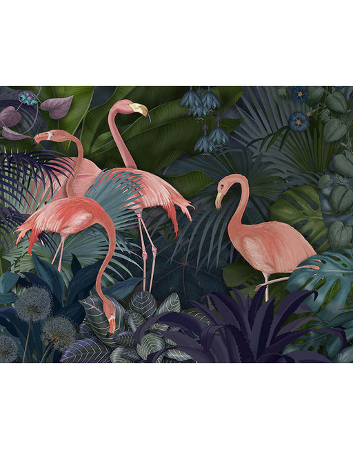 Flamingos in Blue Garden, Bird Art Print, Wall Art | FabFunky