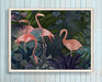 Flamingos in Blue Garden, Bird Art Print, Wall Art | Print 14x11inch