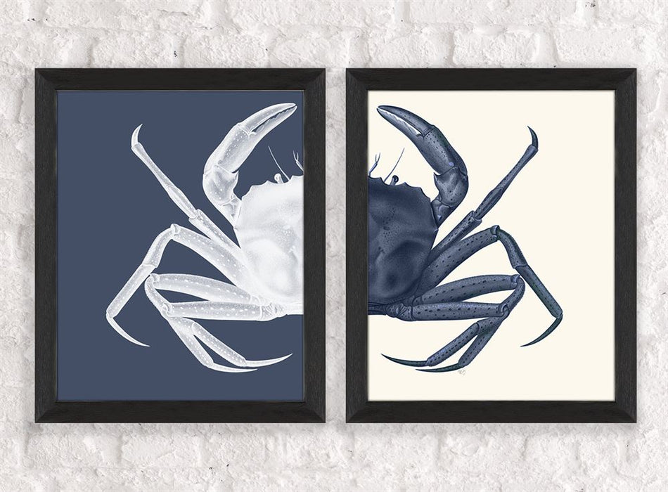 Collection - 2 Prints, Contrasting Crab in Indigo Blue, Nautical print, Coastal art