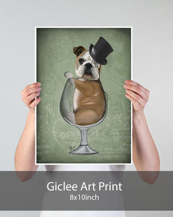 English Bulldog in Brandy Glass - Green, Dog Art Print, Wall art | Print 18x24inch