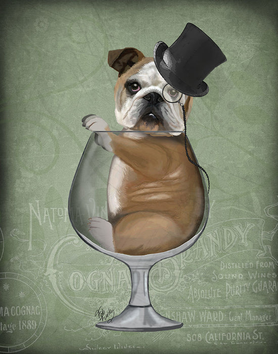 English Bulldog in Brandy Glass - Green, Dog Art Print, Wall art | FabFunky