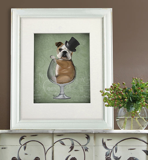 English Bulldog in Brandy Glass - Green, Dog Art Print, Wall art | Print 14x11inch