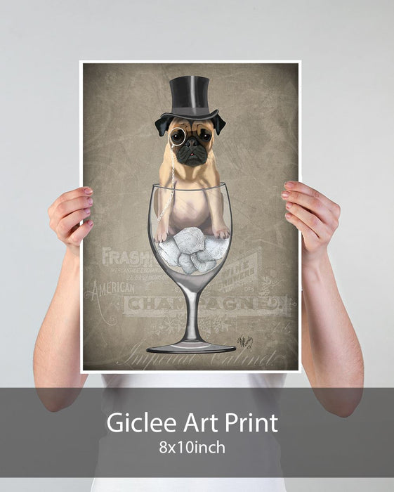 Pug in Wine Glass - Beige, Dog Art Print, Wall art | Print 18x24inch