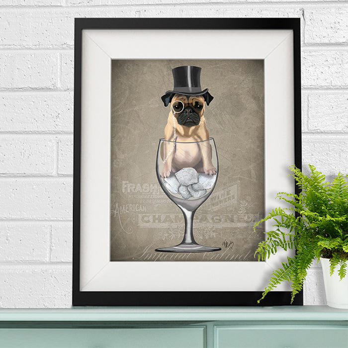 Pug in Wine Glass - Beige, Dog Art Print, Wall art | Print 14x11inch