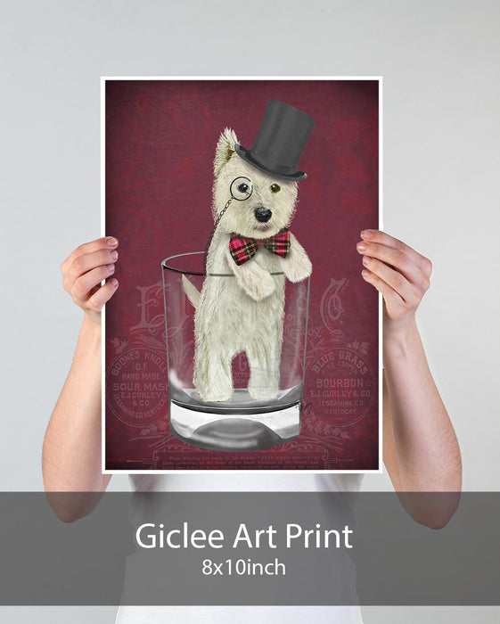 Westie in Whisky Tumbler - Red, Dog Art Print, Wall art | Print 18x24inch