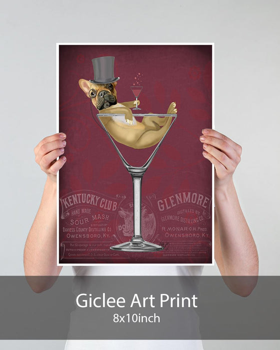 French Bulldog, Brown in Martini Glass - Red, Dog Art Print, Wall art | Print 18x24inch