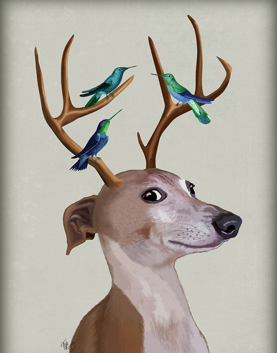 Greyhound and Antlers - Grey, Dog Art Print, Wall art | FabFunky