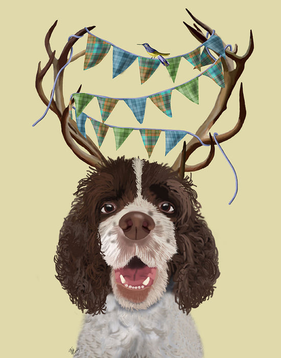 Brown Springer Spaniel and Antlers, Dog Art Print, Wall art | FabFunky