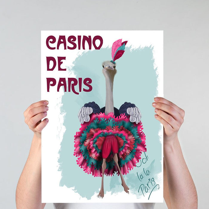 Ostrich, Can Can in Pink and Turquoise, Art Print | Print 18x24inch