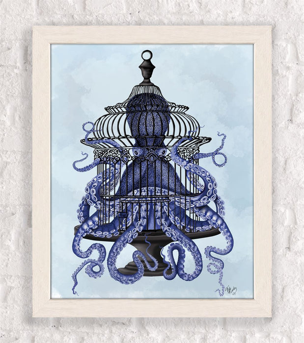 Blue Octopus in Cage, Nautical, Coastal Art Print