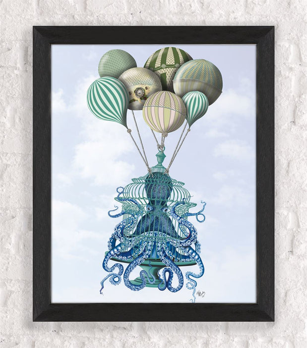 Octopus Cage and Balloons, Nautical, Coastal Art Print