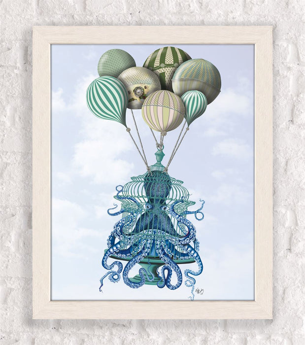 Octopus Cage and Balloons, Nautical, Coastal Art Print