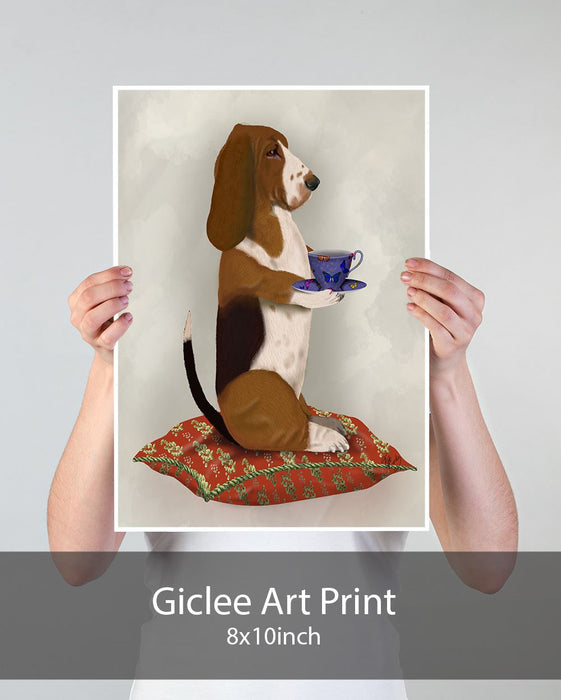 Basset Hound Taking Tea, Dog Art Print, Wall art | Print 18x24inch