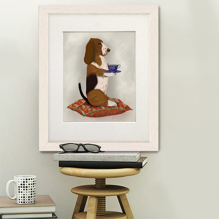 Basset Hound Taking Tea, Dog Art Print, Wall art | Print 14x11inch