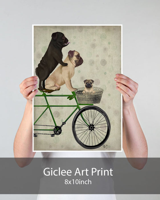 Pugs on Bicycle, Dog Art Print, Wall art | Print 18x24inch