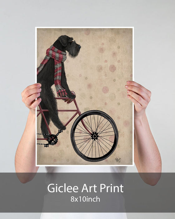 Schnauzer on Bicycle, Black, Dog Art Print, Wall art | Print 18x24inch