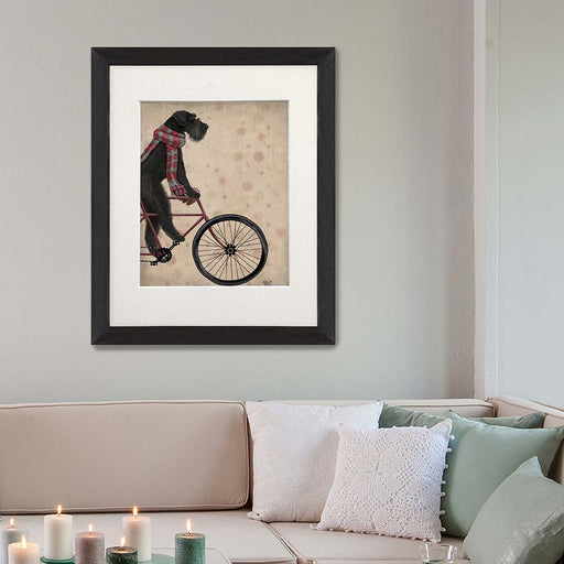 Schnauzer on Bicycle, Black, Dog Art Print, Wall art | Print 14x11inch