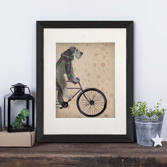 Schnauzer on Bicycle, Grey, Dog Art Print, Wall art | Print 14x11inch