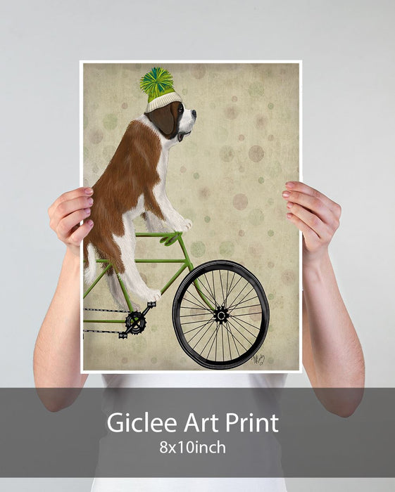 St Bernard on Bicycle, Dog Art Print, Wall art | Print 18x24inch