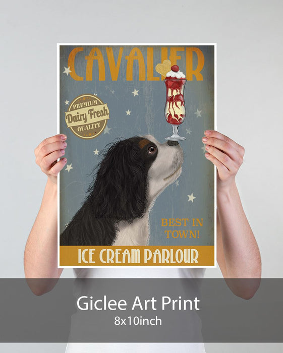 Cavalier King Charles, Black White, Ice Cream, Dog Art Print, Wall art | Print 18x24inch