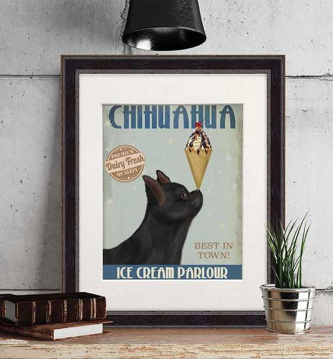 Chihuahua, Black, Ice Cream, Dog Art Print, Wall art | Print 14x11inch