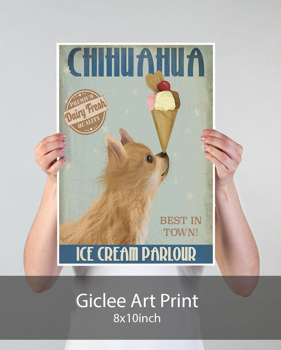 Chihuahua, Long Haired, Ice Cream, Dog Art Print, Wall art | Print 18x24inch