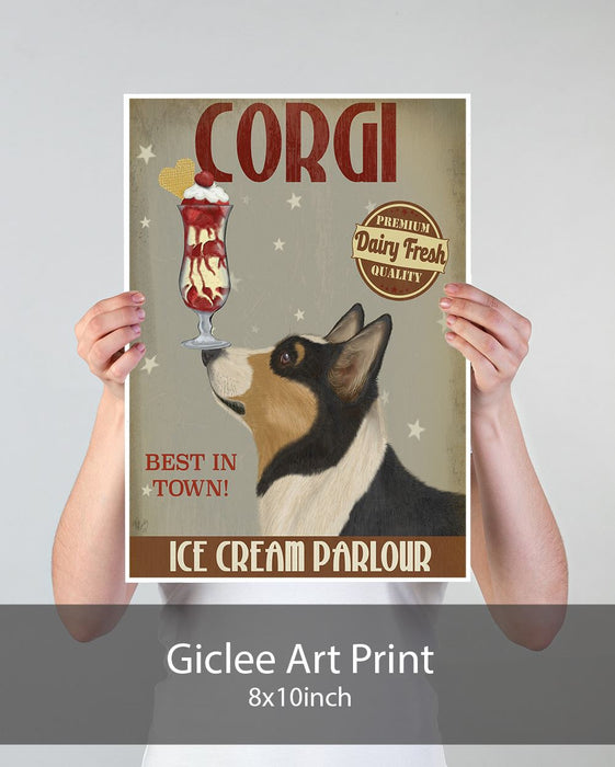 Corgi, Black and Tan, Ice Cream, Dog Art Print, Wall art | Print 18x24inch