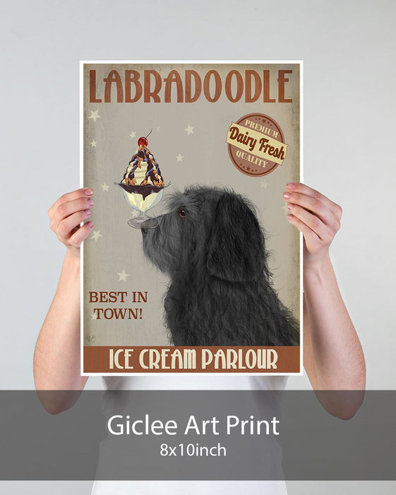 Labradoodle, Black, Ice Cream, Dog Art Print, Wall art | Print 18x24inch
