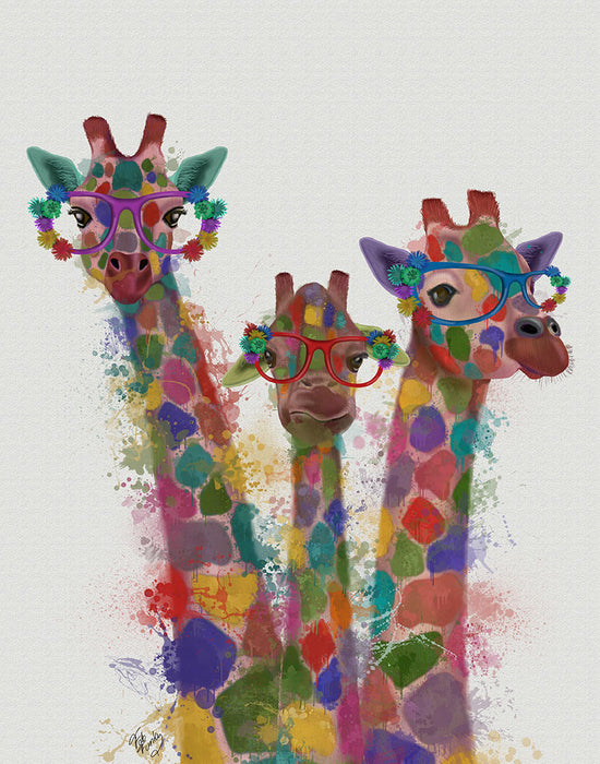 Giraffe Trio Rainbow Splash, Art Print, Canvas Wall Art | FabFunky