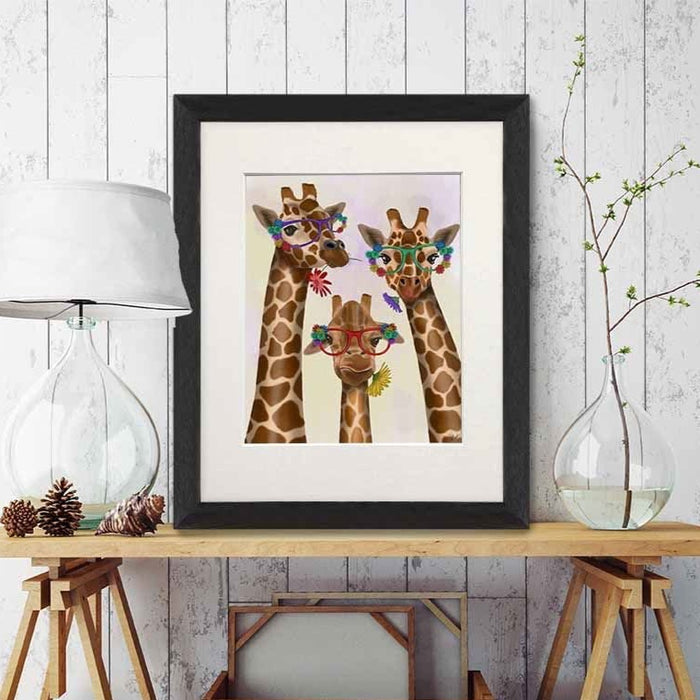 Giraffe and Flower Glasses, Trio, Art Print | Print 14x11inch