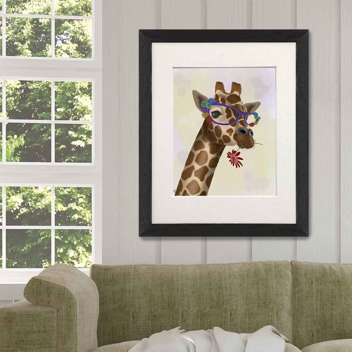 Giraffe and Flower Glasses 2, Art Print, Canvas Wall Art | Print 14x11inch