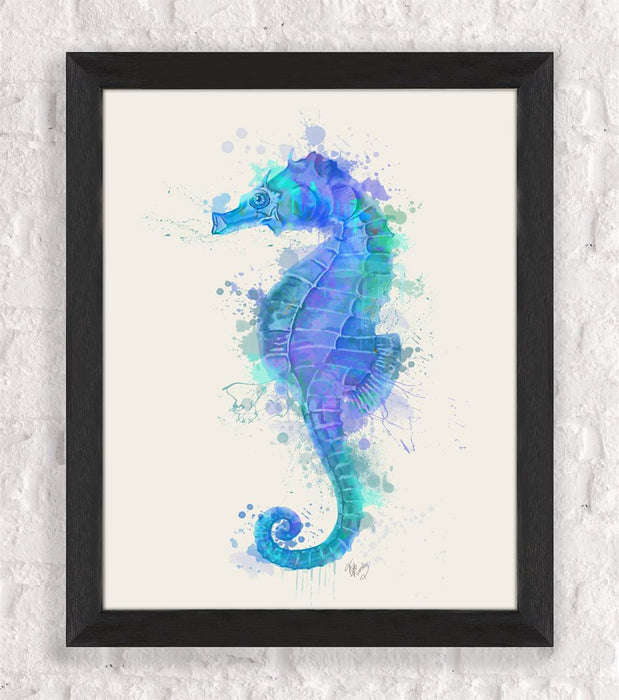 Seahorse Rainbow Splash Blue, Nautical, Coastal Art Print