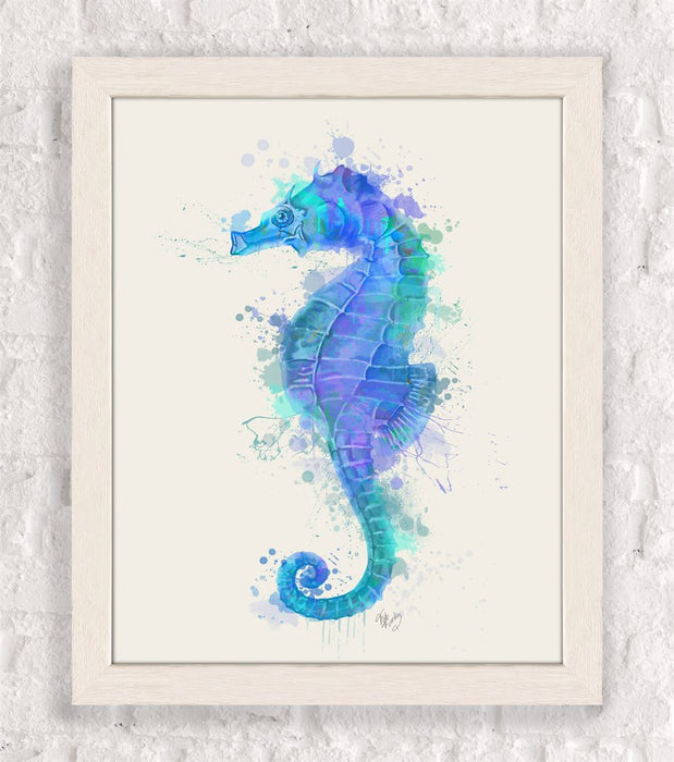 Seahorse Rainbow Splash Blue, Nautical, Coastal Art Print
