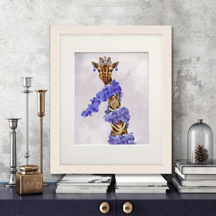 Giraffe with Purple Boa, Art Print, Canvas Wall Art | Print 14x11inch