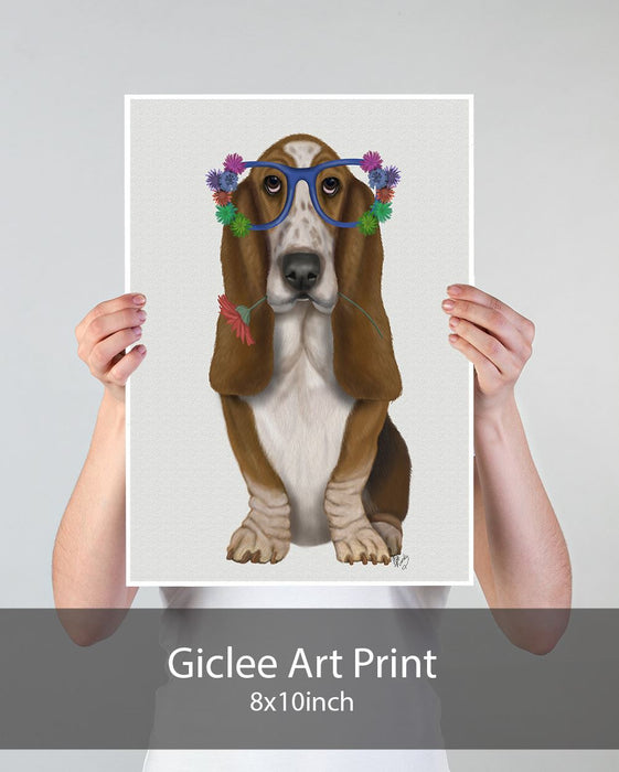 Basset Hound Flower Glasses, Dog Art Print, Wall art | Print 18x24inch