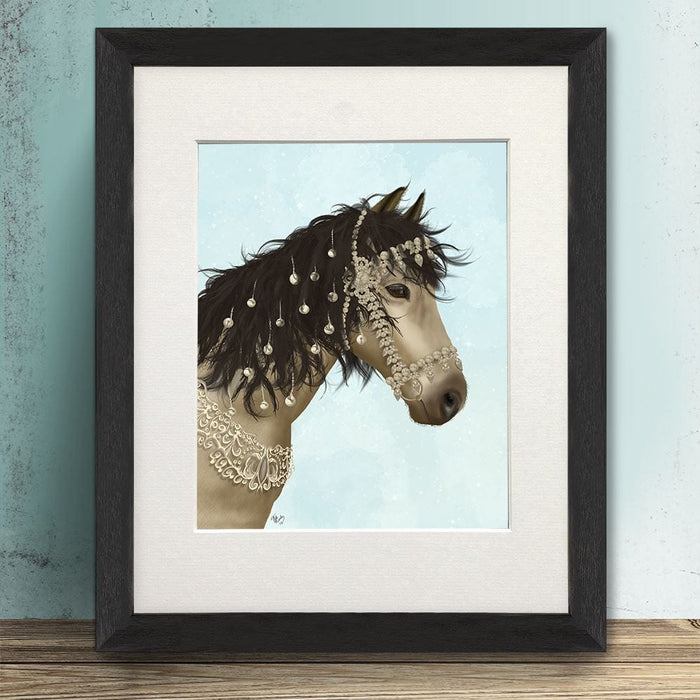 Horse Buckskin with Jewelled Bridle, Animal Art Print | Print 14x11inch