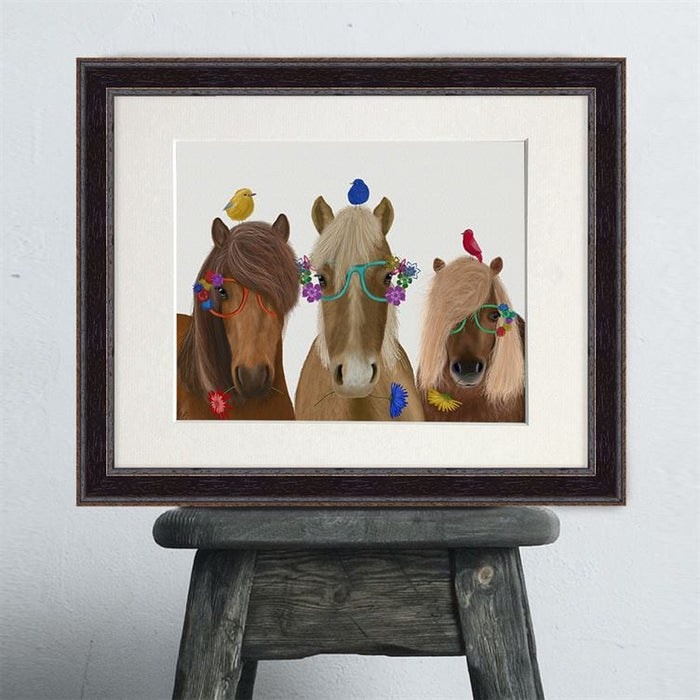 Horse Trio with Flower Glasses, Animal Art Print | Print 14x11inch