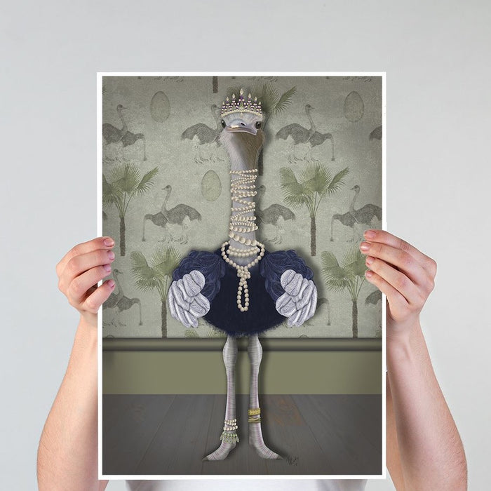 Ostrich and Pearls, Full, Bird Art Print, Wall Art | Print 18x24inch