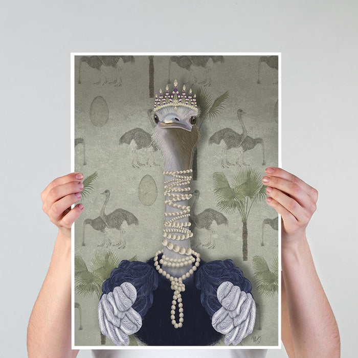 Ostrich and Pearls, Portrait, Bird Art Print, Wall Art | Print 18x24inch